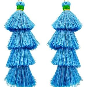 Blue Tiered Silk Thread Tassel Hook Earrings